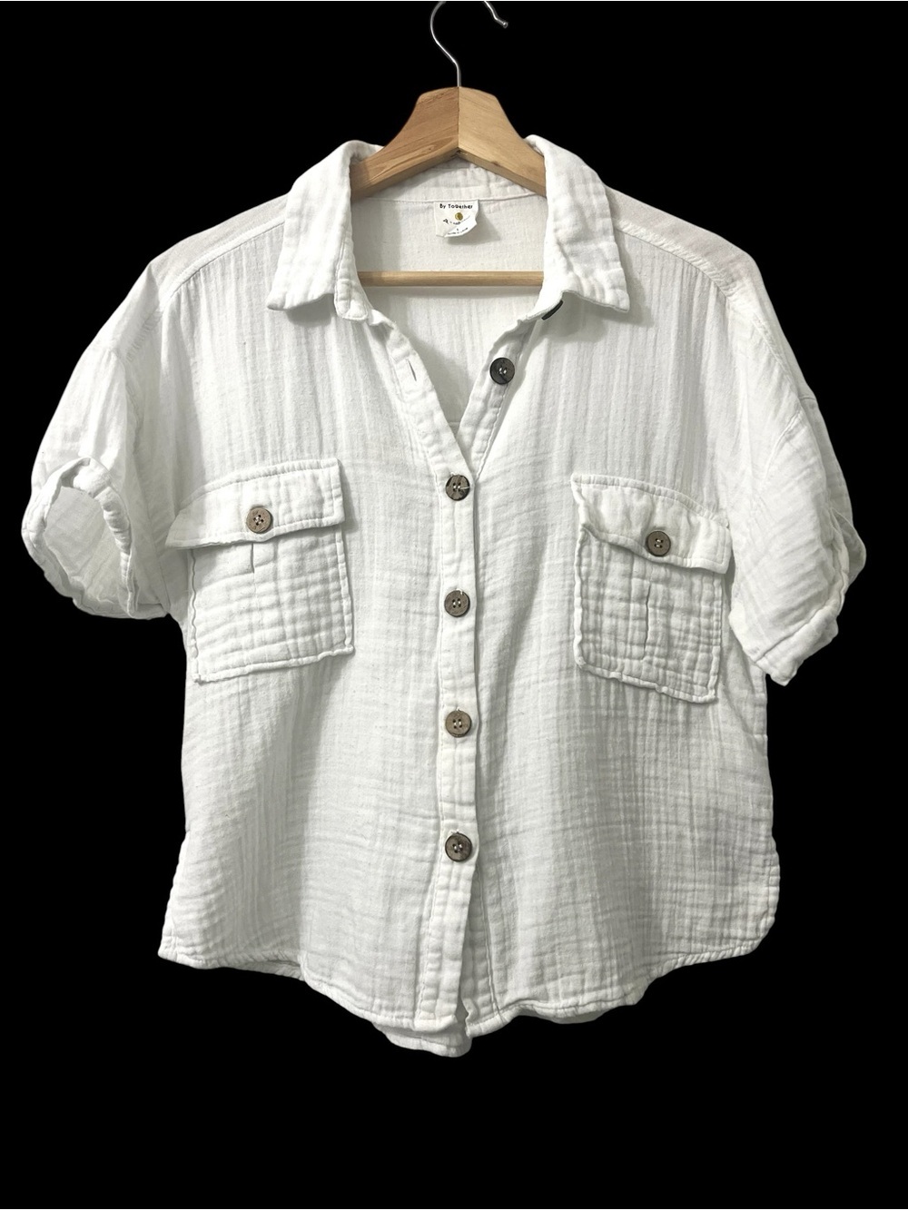 Women’s 100% Cotton Short Sleeve Button Up Crop Top M Minimalist Neutral Coastal
